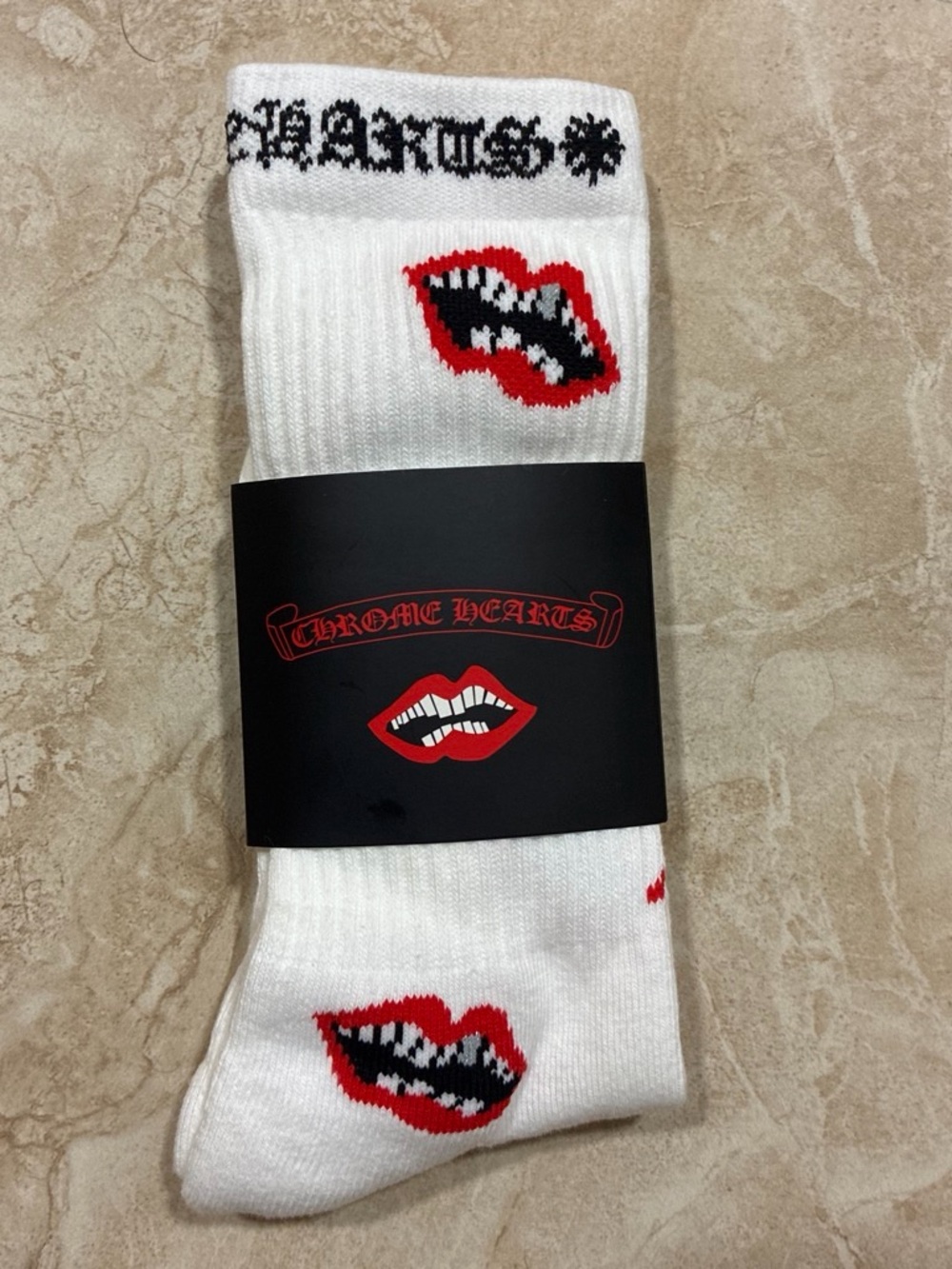 Chrome Hearts White Crew Socks with Red Lip Motif